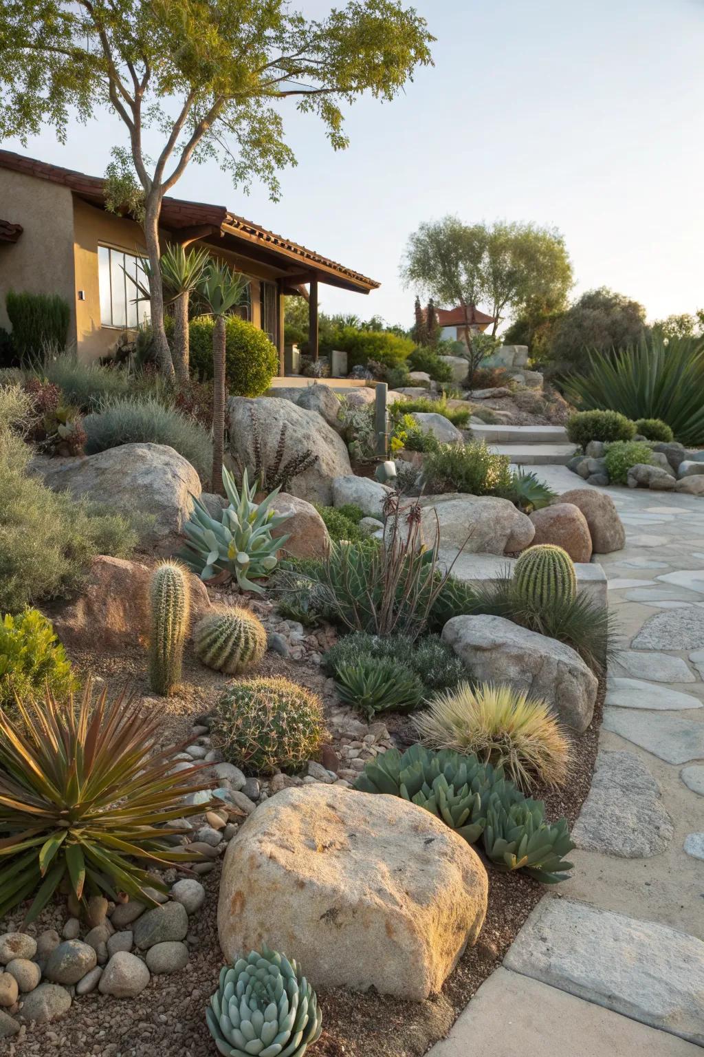 A rock garden provides rustic charm with minimal upkeep.