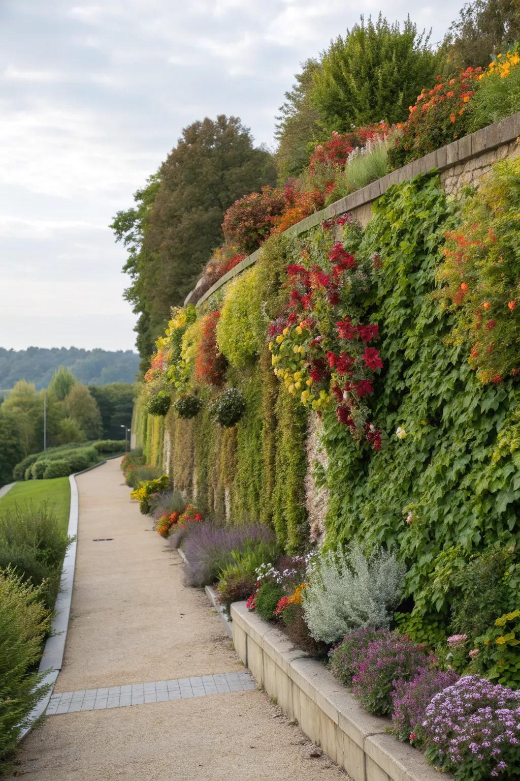Greenery integrated into walls creates a natural look.