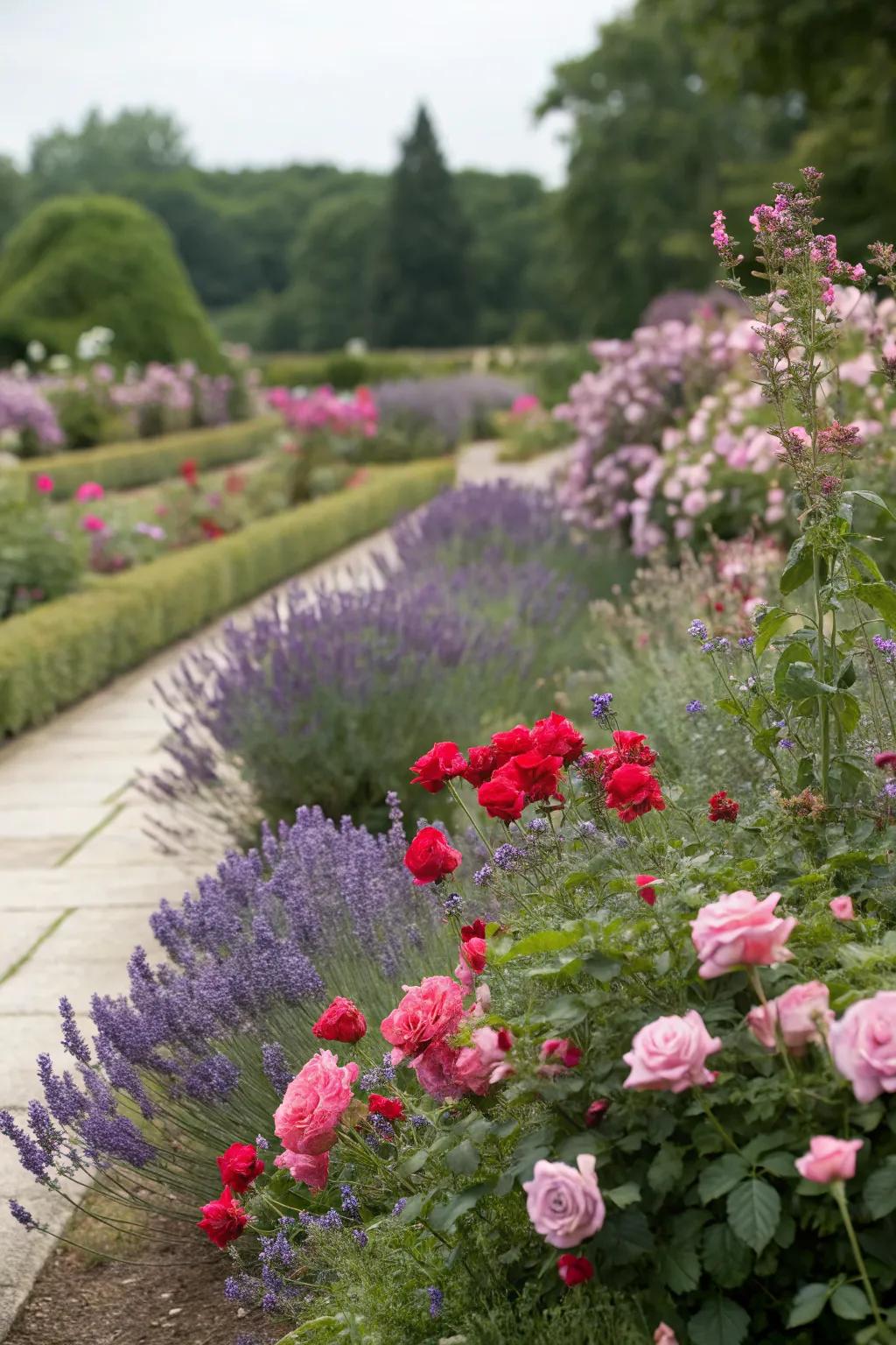 A garden bed featuring a complementary mix of roses and lavender.