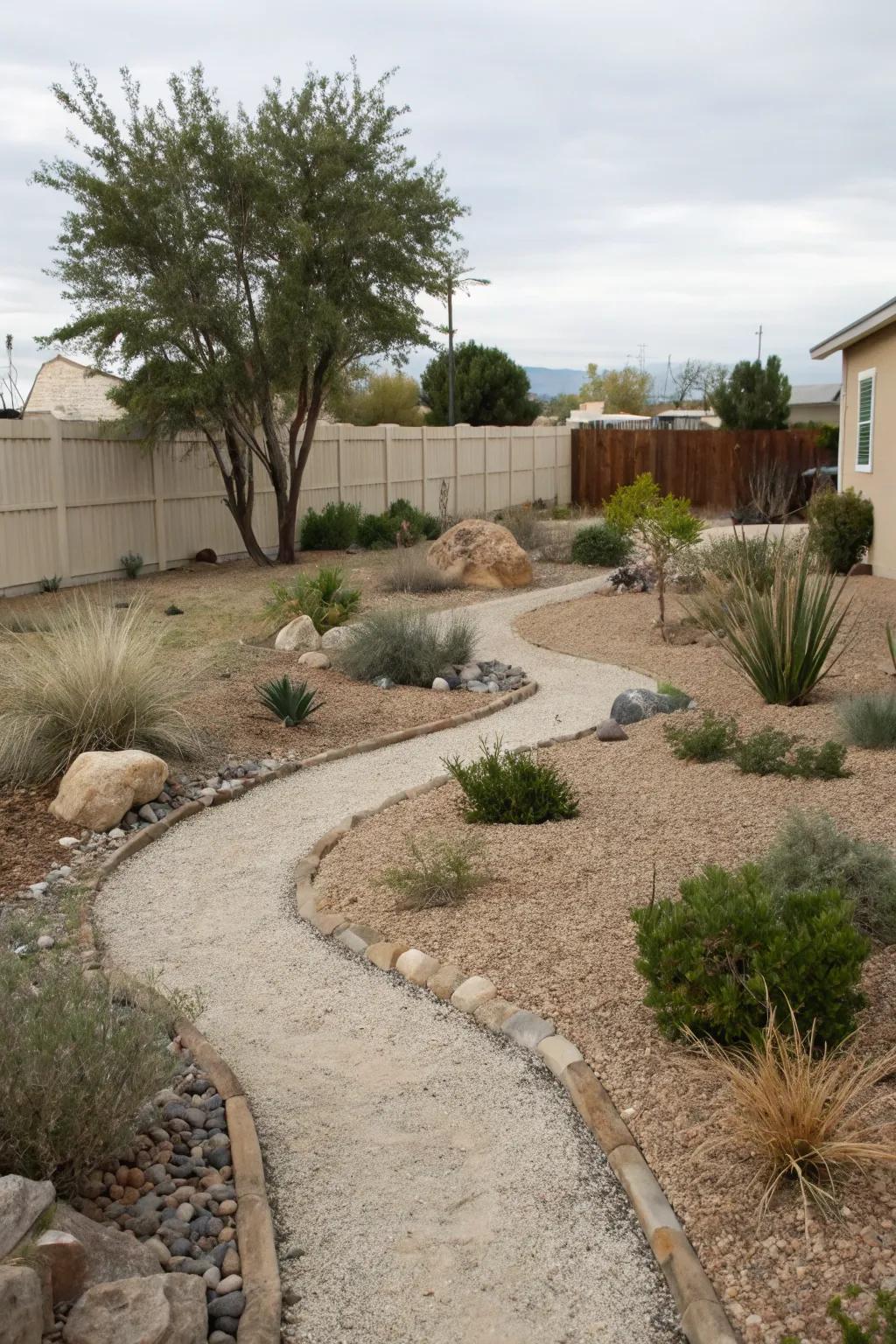Charming gravel pathways in a xeriscape garden.