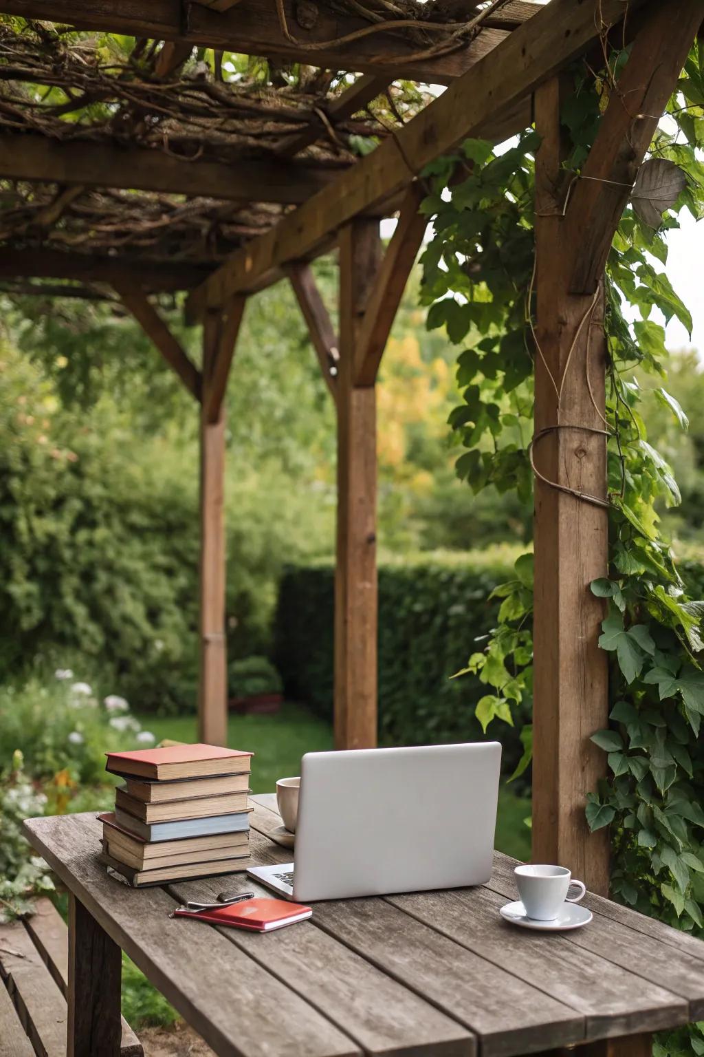 A pergola can offer a charming and shaded workspace option.