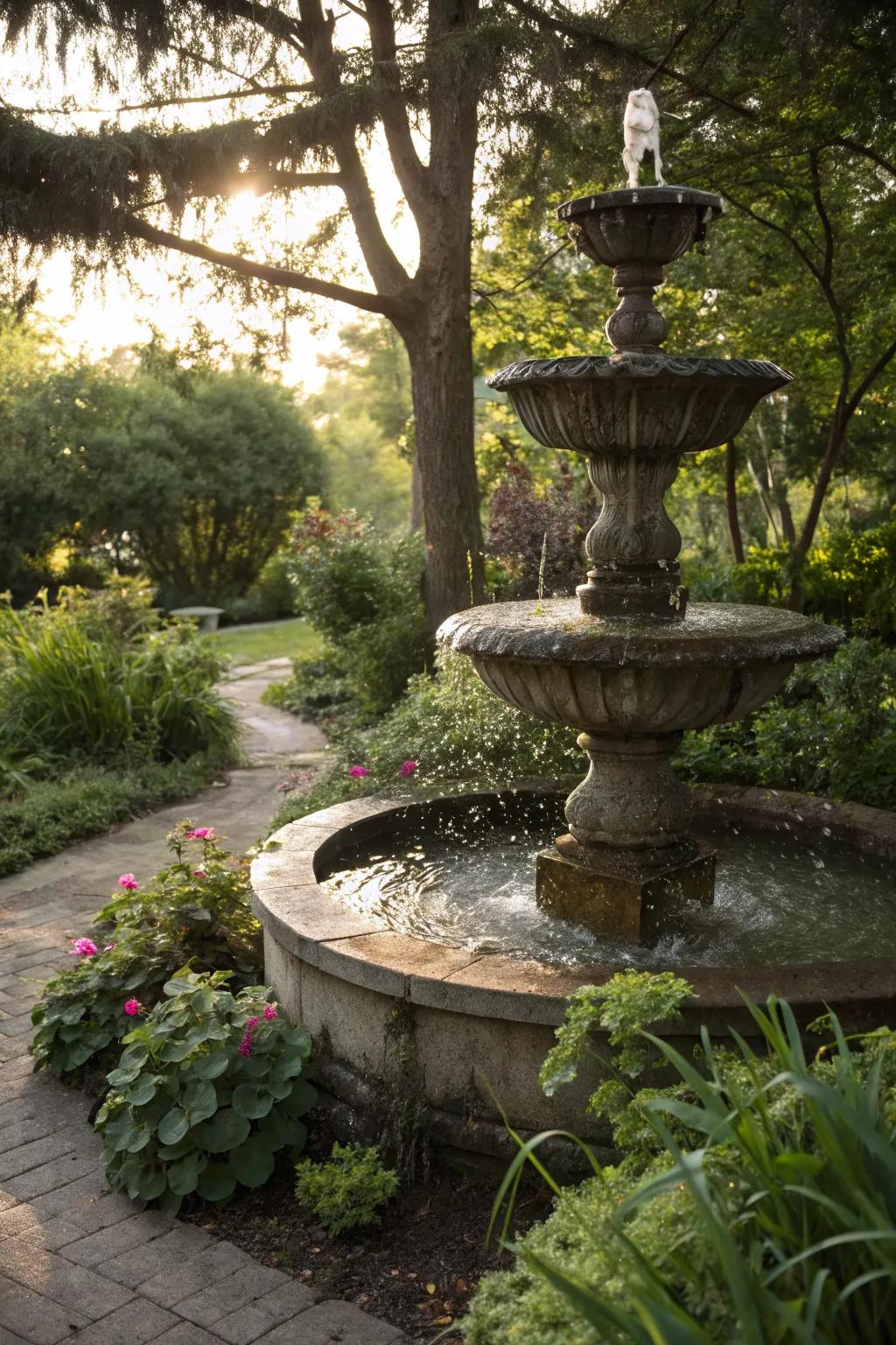 A tiered fountain adds both visual and auditory elegance.
