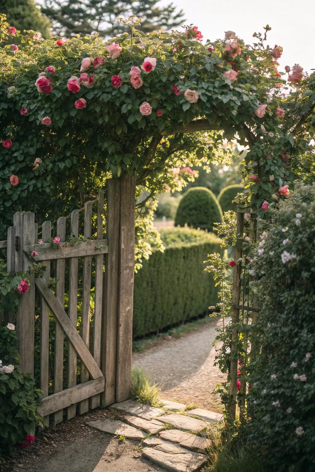 A garden gate covered in climbing roses for added beauty.