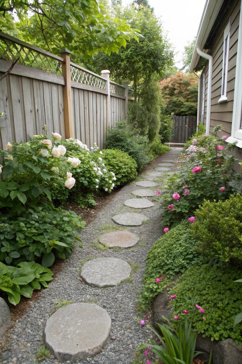 Defined gravel pathways add structure and direction.