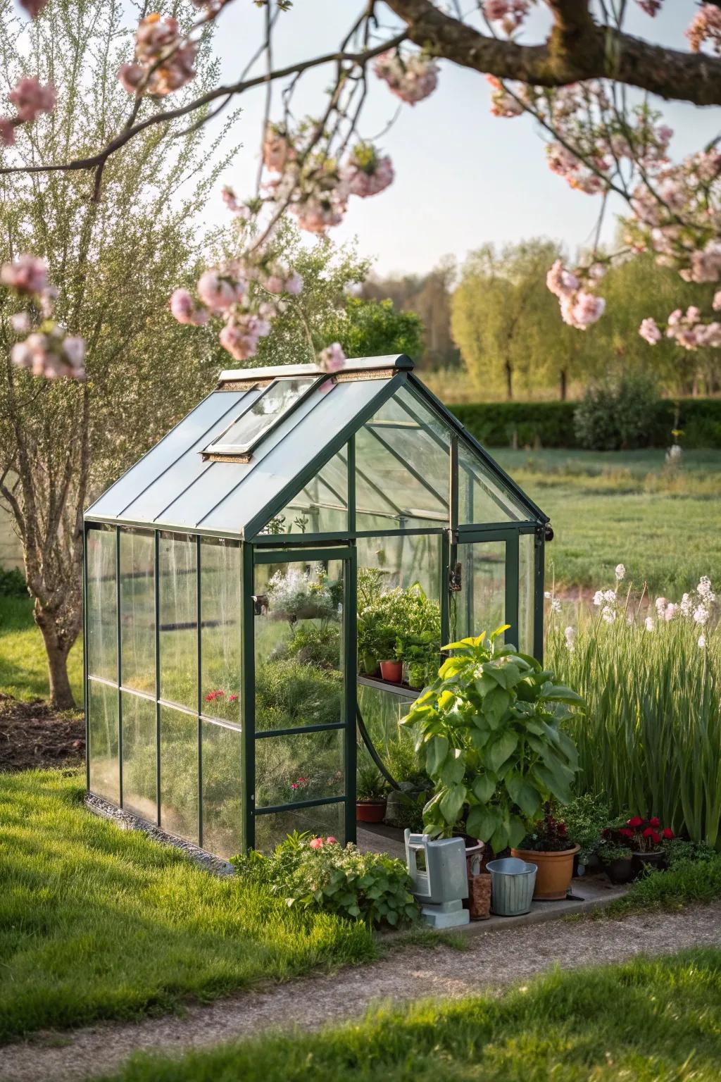 A charming glass terrarium-style greenhouse enhancing any garden.