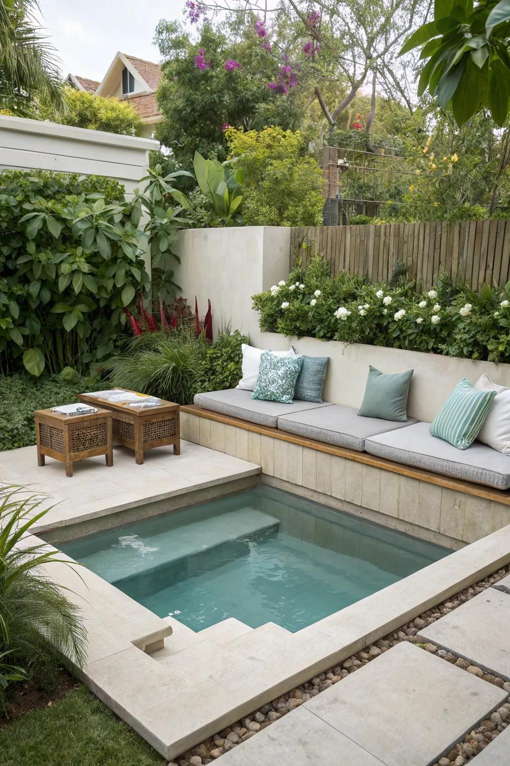 Built-in seating areas offer comfort and style in compact pool designs.