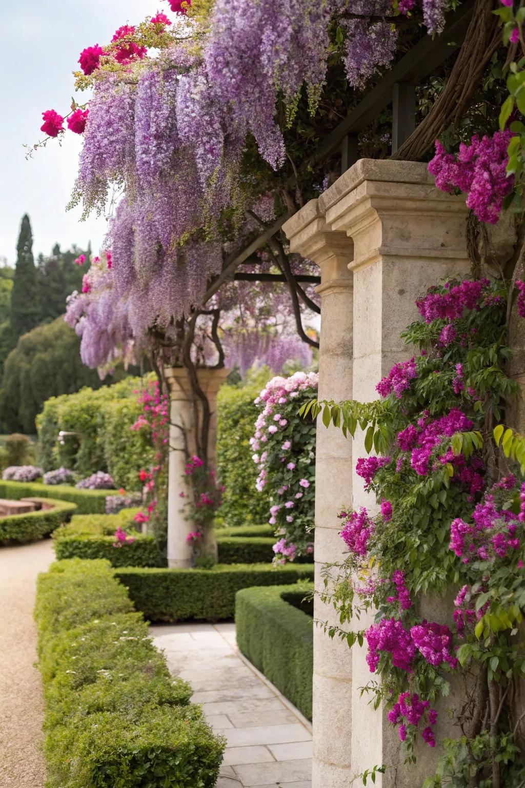 Wisteria and bougainvillea climbing on a garden trellis for a vibrant display.
