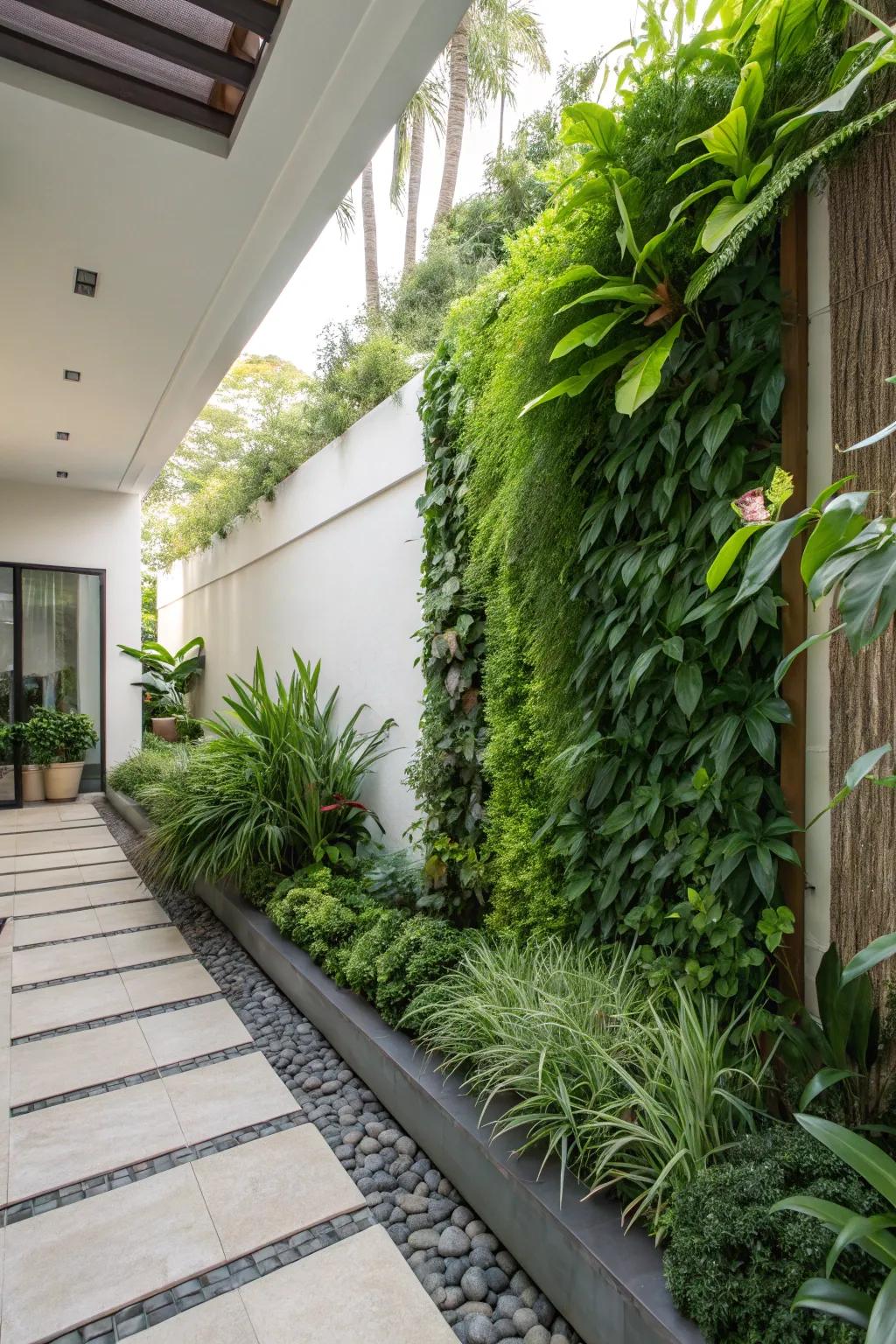 A living wall adds greenery and maximizes vertical space.