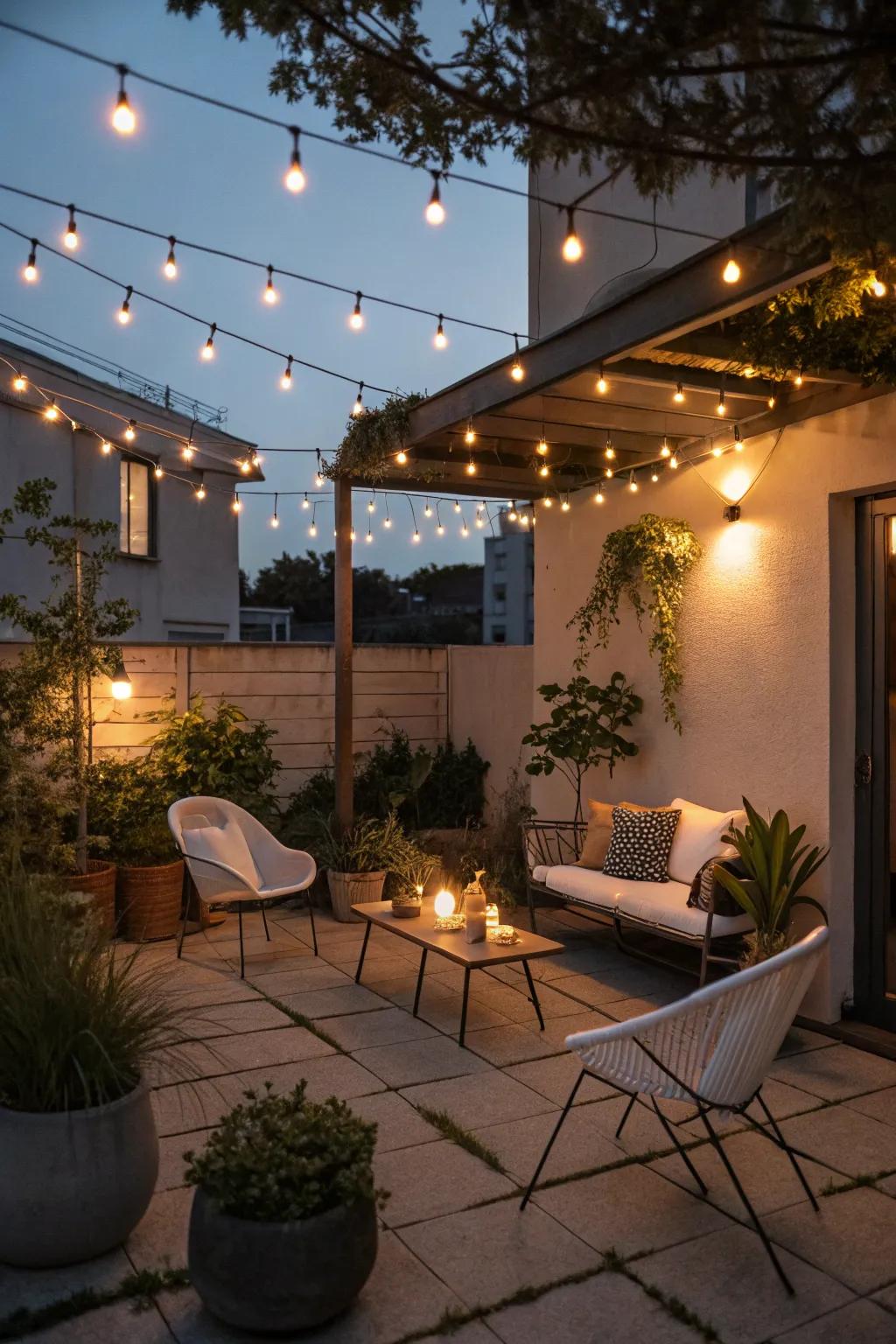 String lights bring a magical ambiance to a small patio.