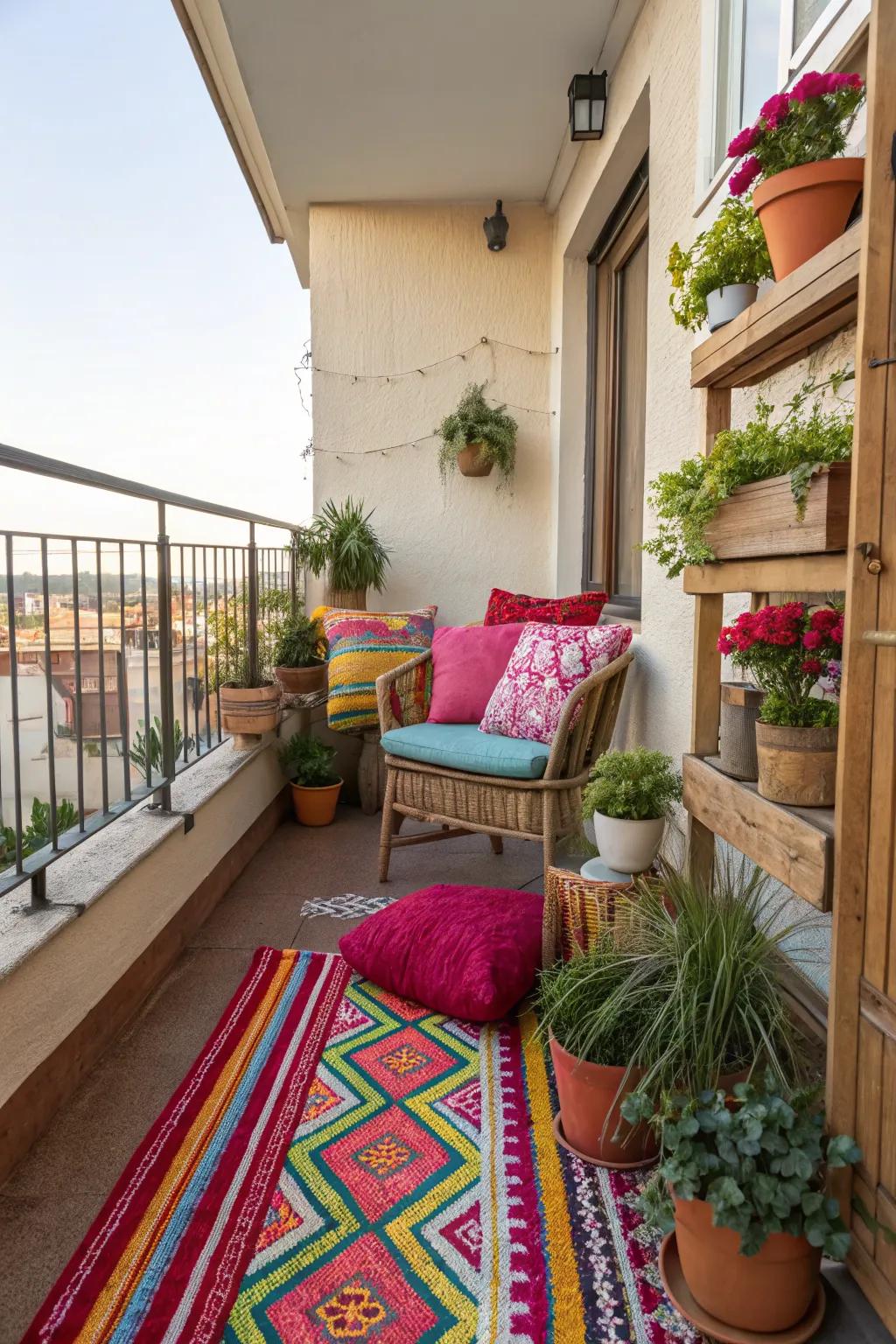 Outdoor rugs bring color and cohesion to your balcony decor.