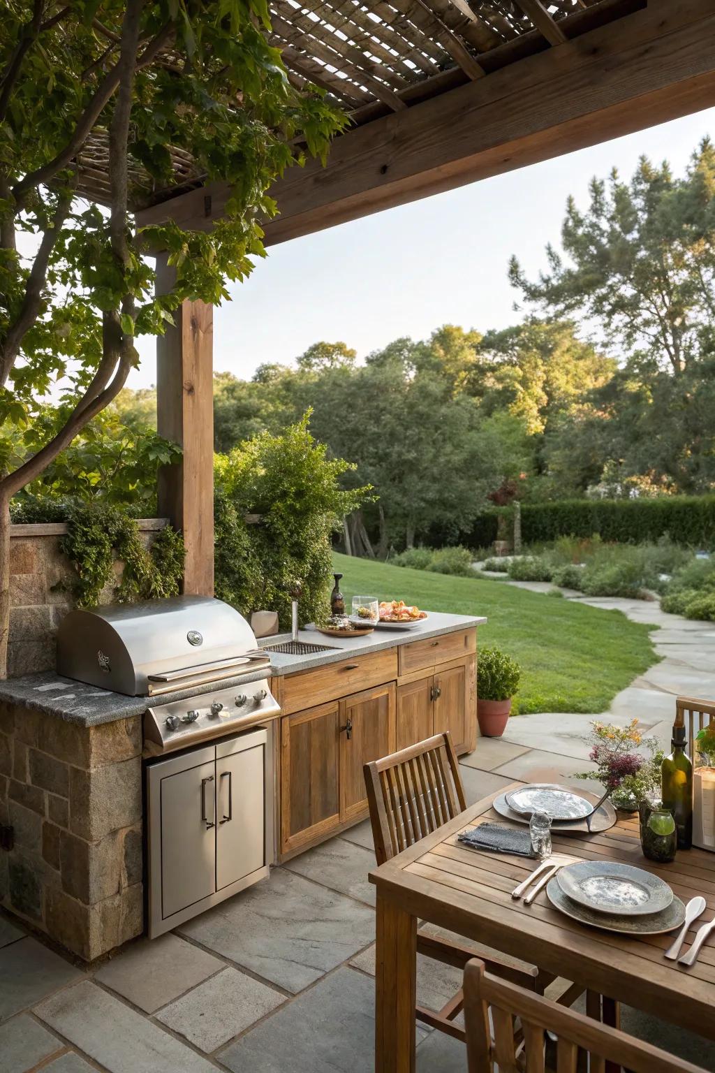A stylish built-in grill with a countertop in a small outdoor space.