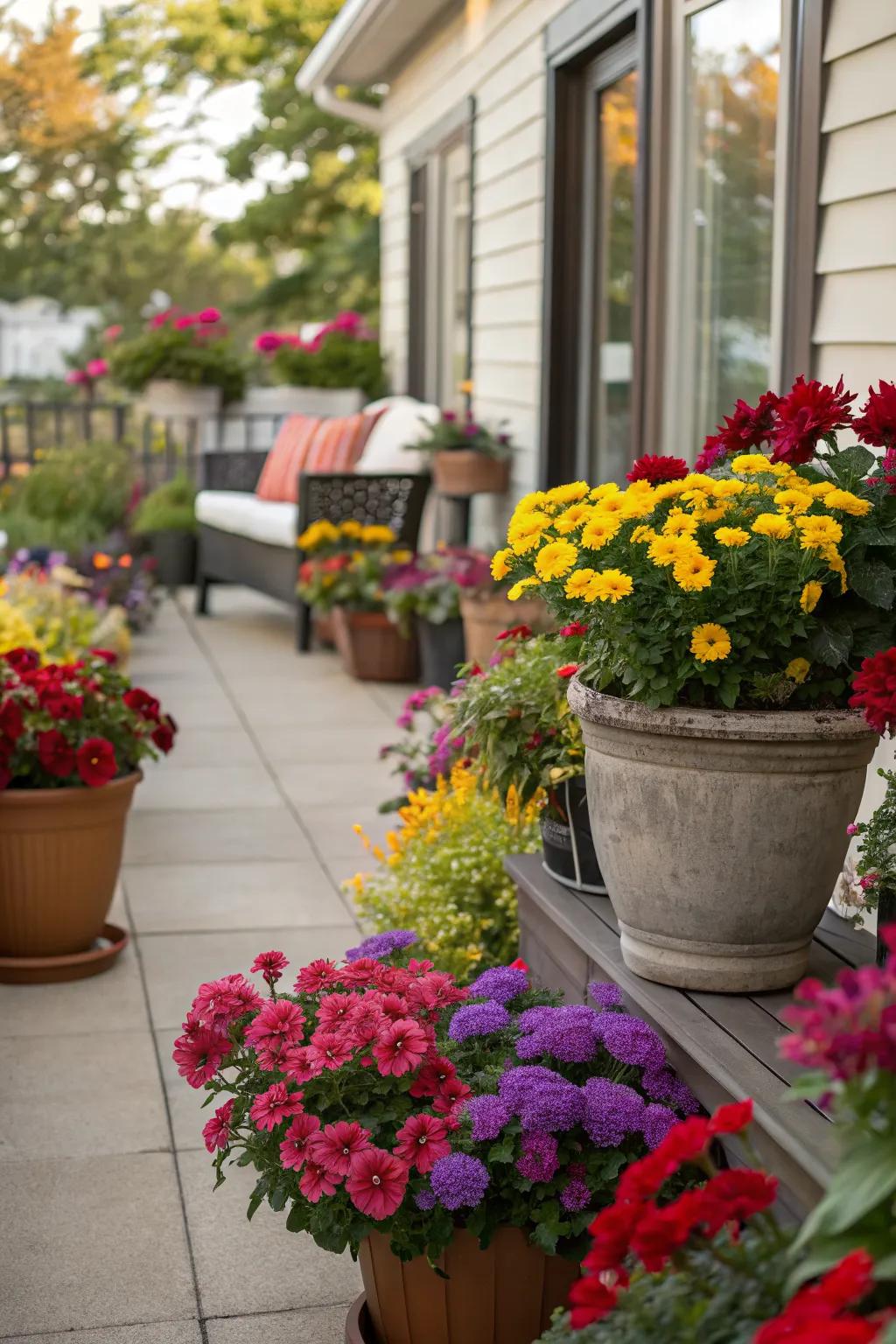 Colorful flowers add a joyful burst of life to any patio.