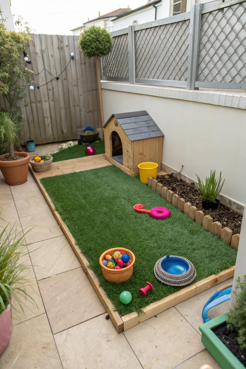 A pet-friendly zone on your patio with artificial grass.