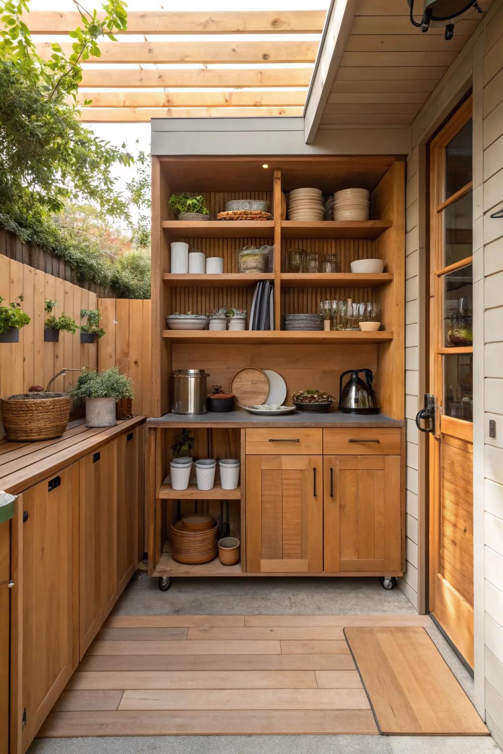 Efficient built-in storage solutions for a small patio kitchen.
