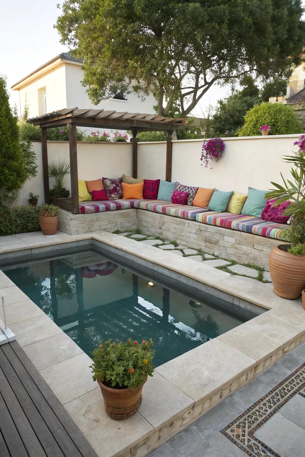 Built-in seating adds comfort and style to a patio pool setup.