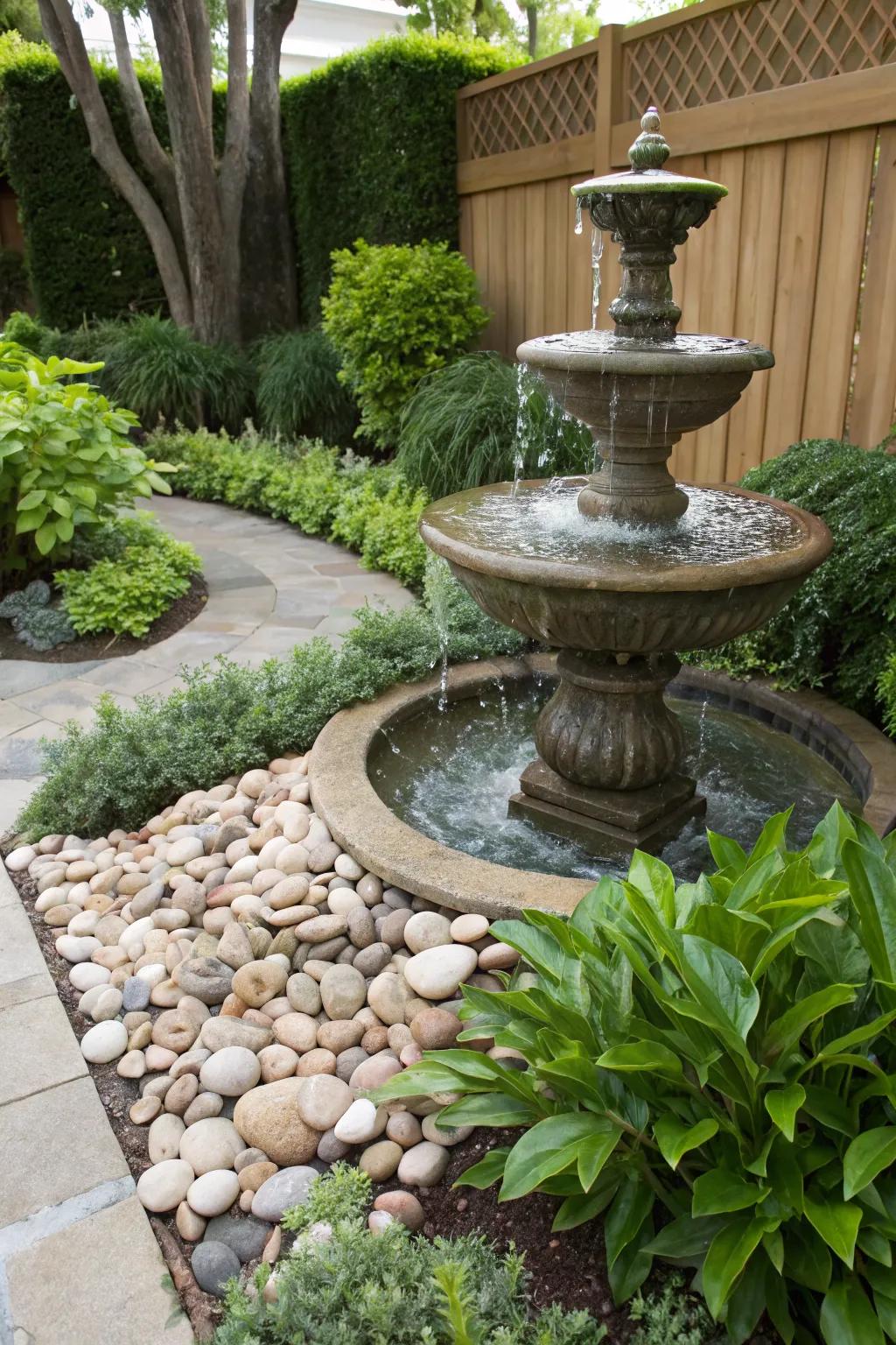 Surround a gentle water feature with pebbles for tranquility.