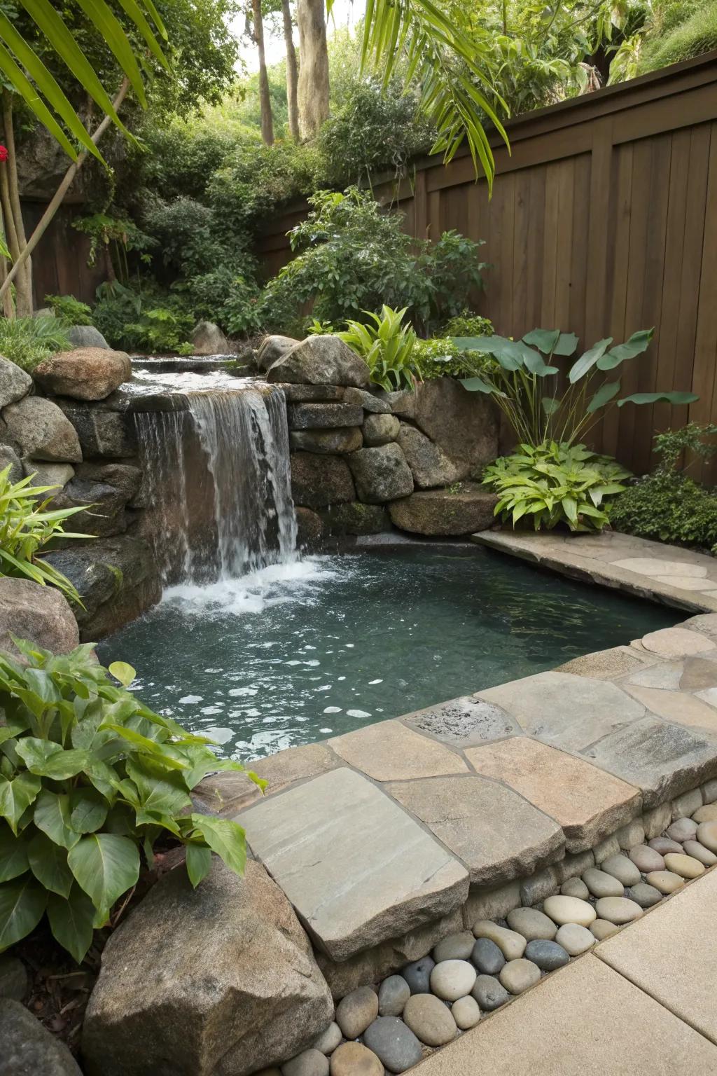A cascading waterfall feature adding tranquility to a small pool.