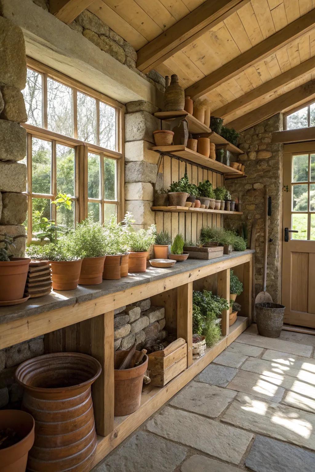 Natural wood and stone bring rustic charm to a potting shed.