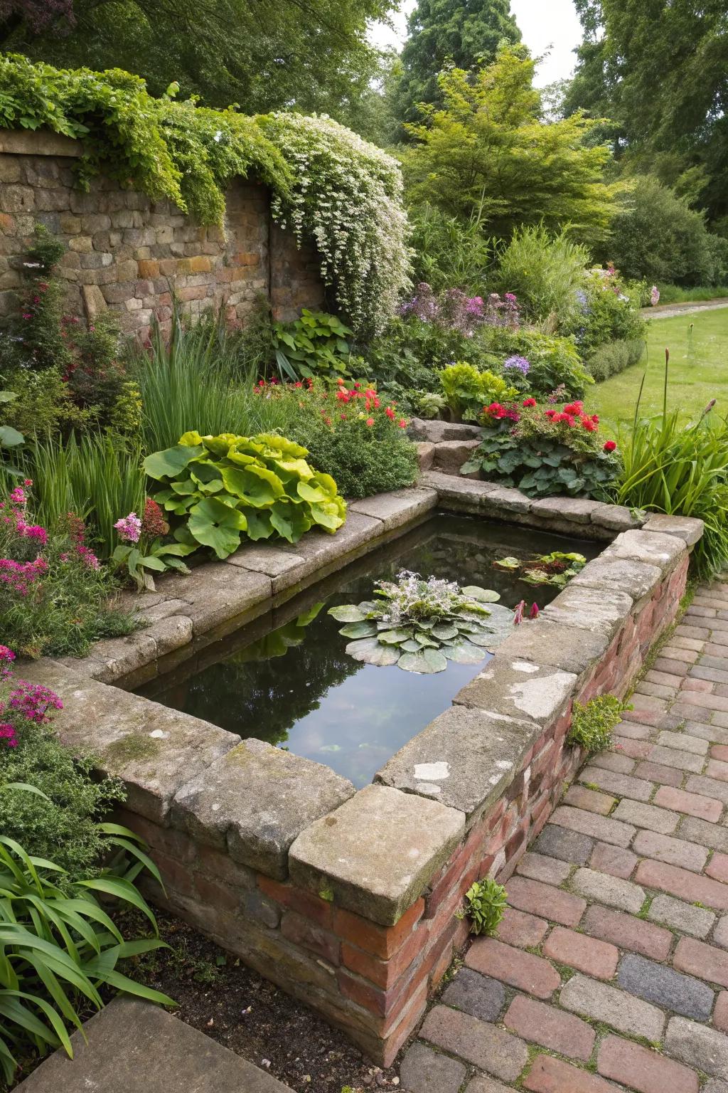 A classic stone and brick pond adding timeless elegance to the garden.