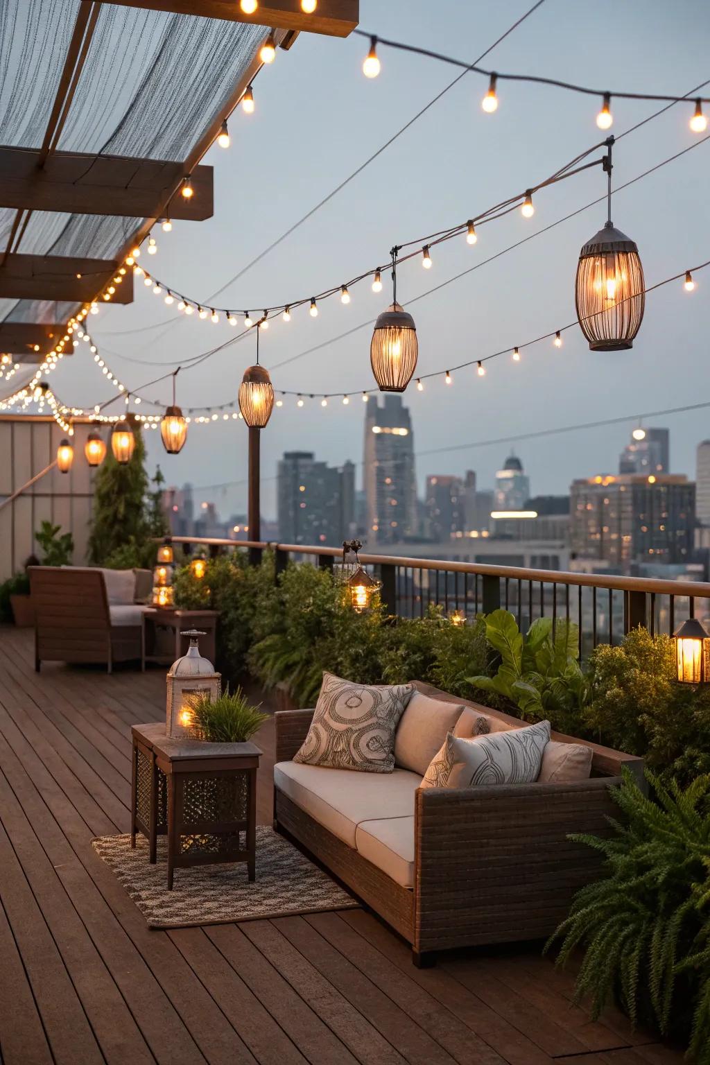 Lighting transforms your rooftop into a nighttime oasis.