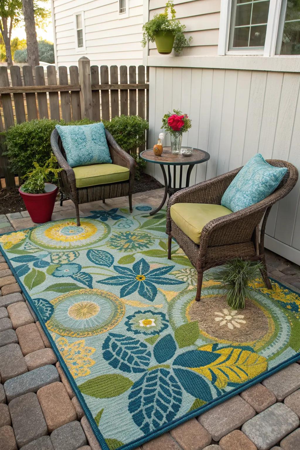 A vibrant decorative rug enhancing the style of a small patio.