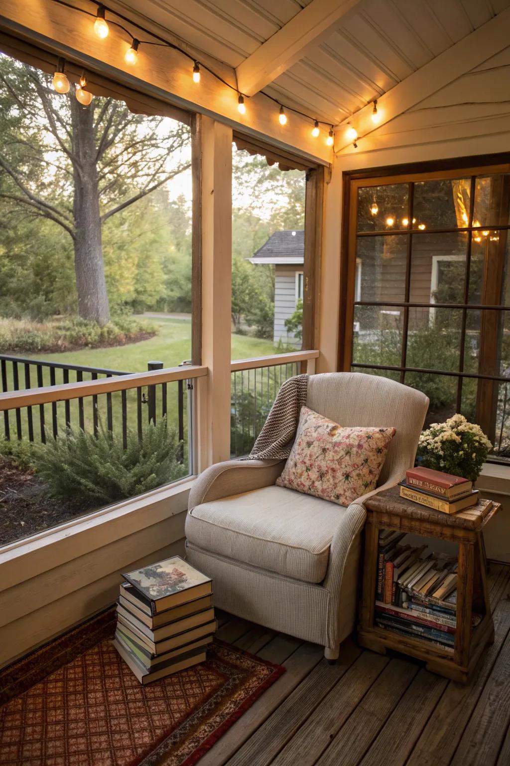A cozy reading nook invites relaxation and leisure.
