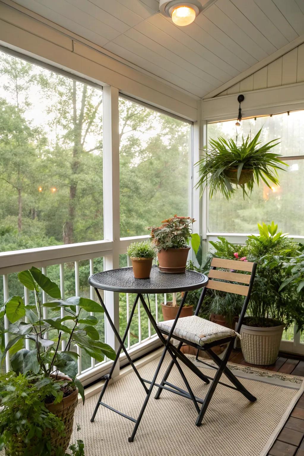 A foldable bistro set provides a flexible seating option for small porches.