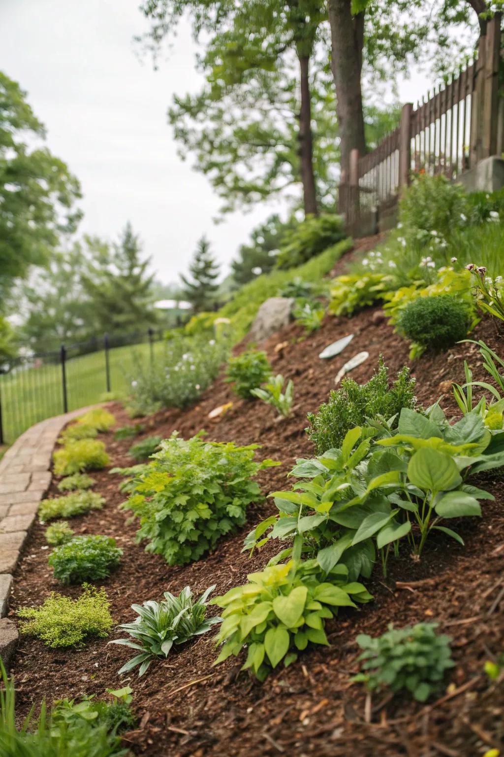 Mulch and ground covers stabilize slopes beautifully.