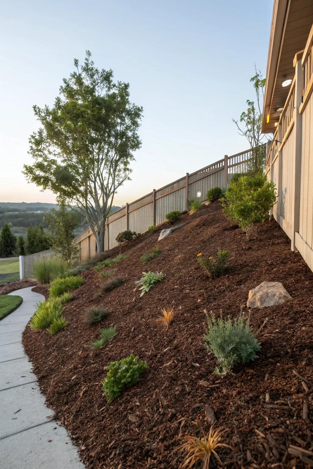 Mulch can be a simple yet effective way to beautify and stabilize slopes.
