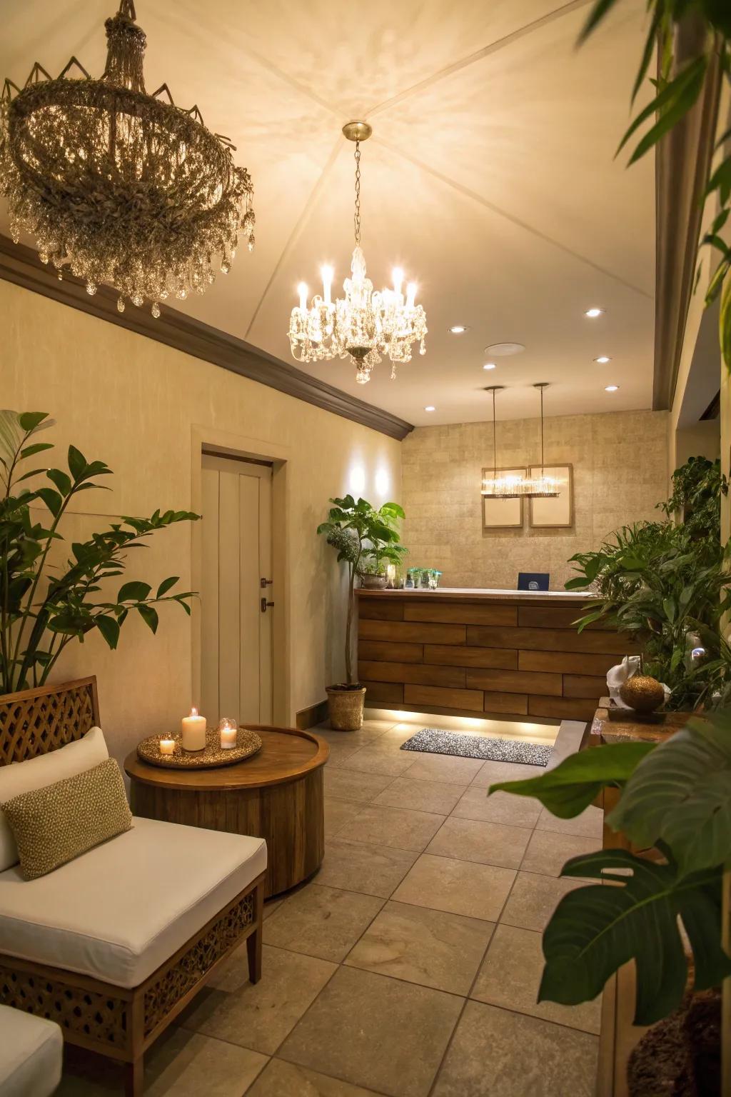 Soft ambient lighting with a small chandelier enhances tranquility.