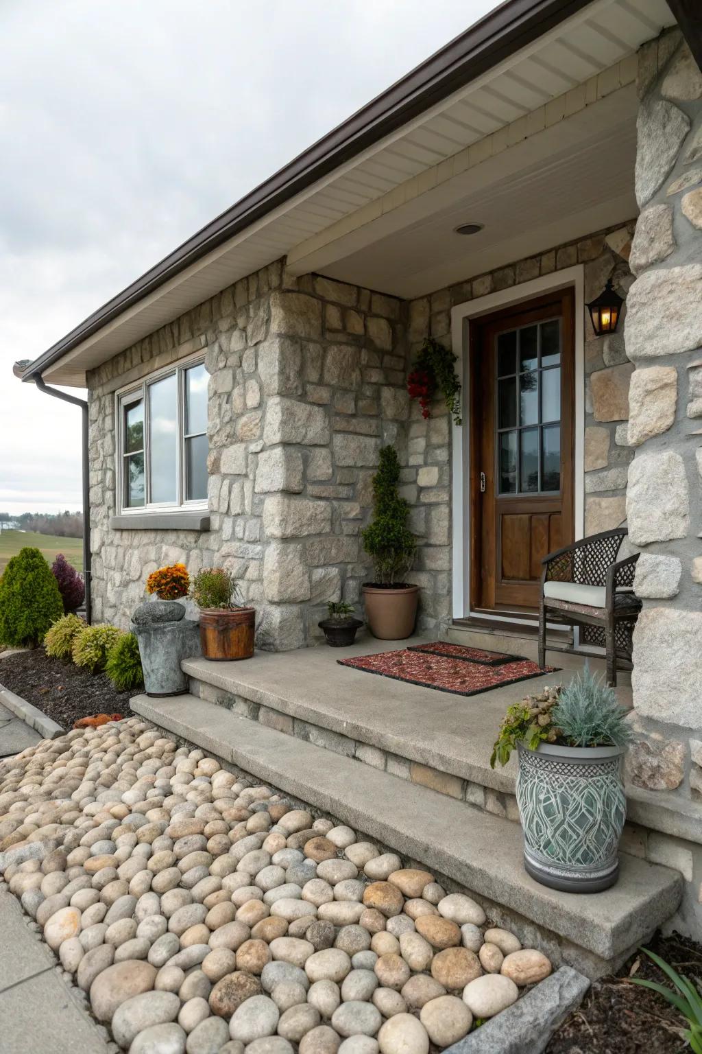 Decorative stone accents add charm and personality to the porch.