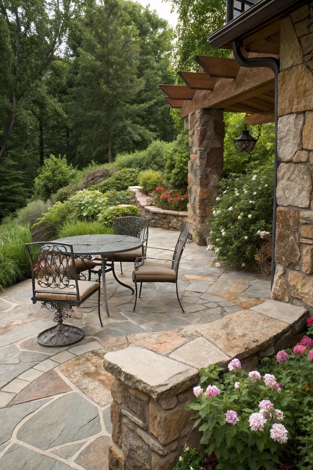 A harmonious blend of rustic stone and modern furnishings.
