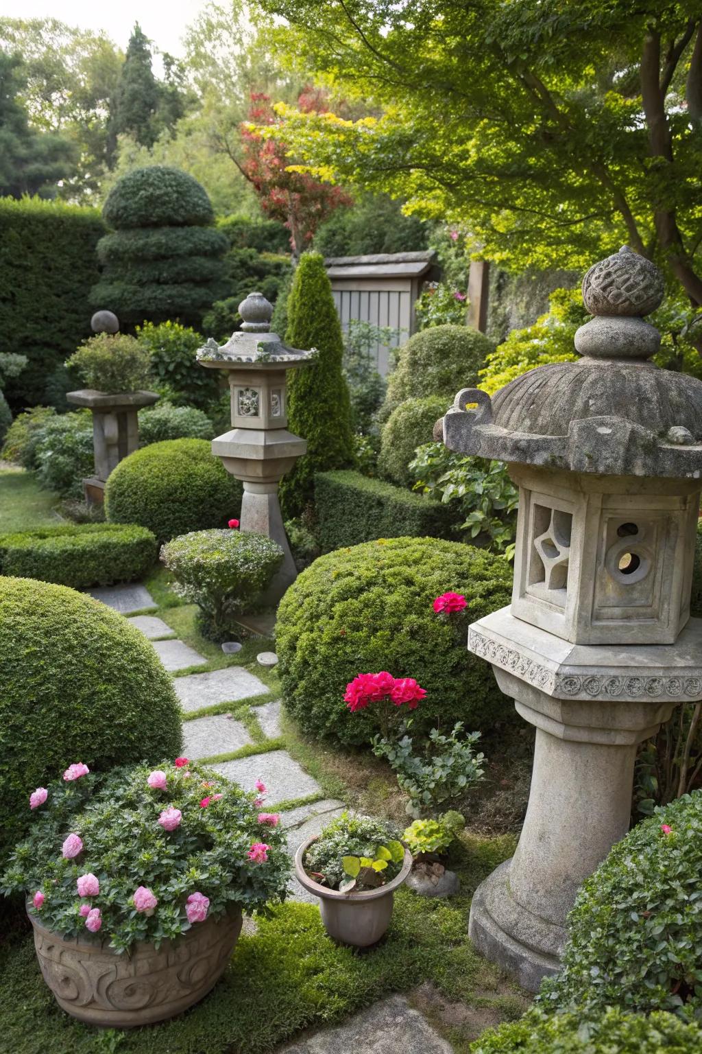 Ornamental features enhance a small topiary garden.