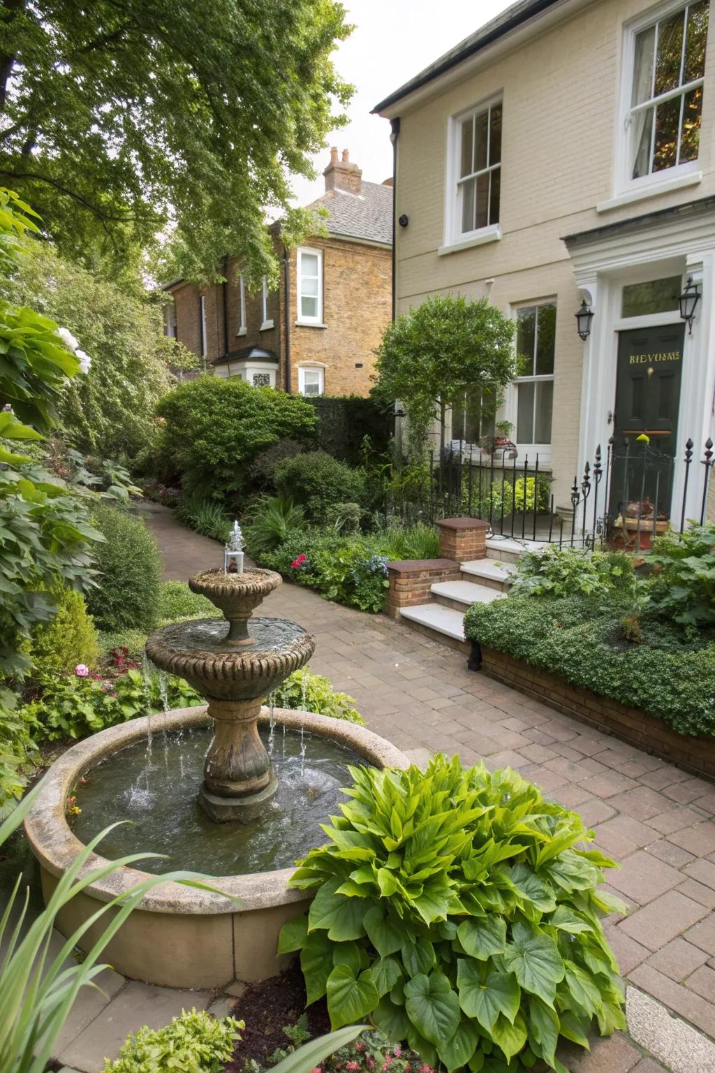 A townhouse front garden with a charming water fountain nestled among greenery.