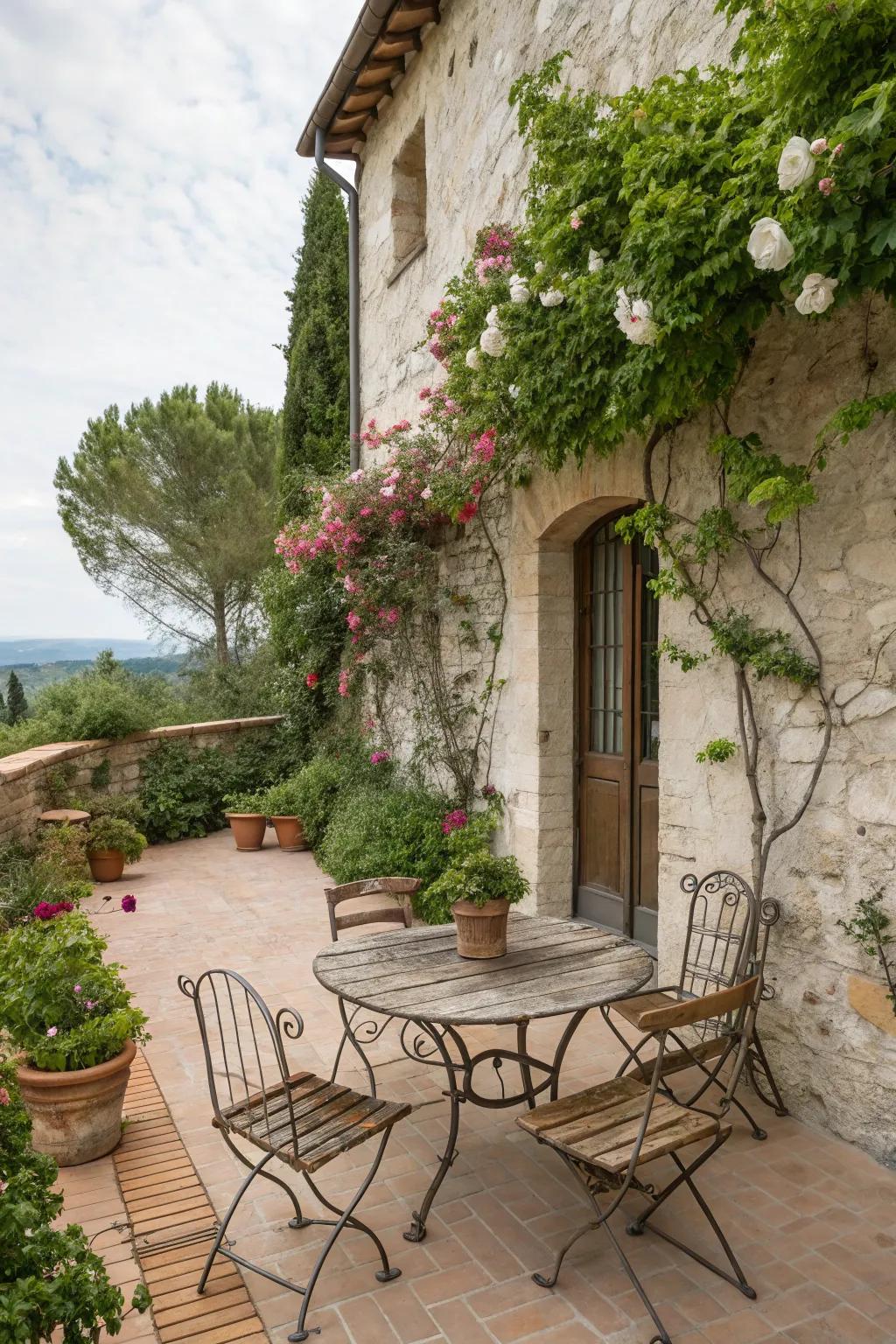 Rustic furniture adds charm to this Tuscan-inspired patio.
