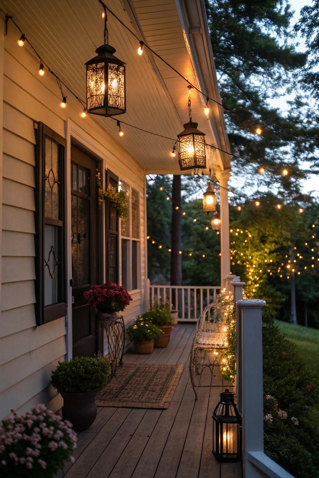Outdoor lighting adds a warm glow to your porch.