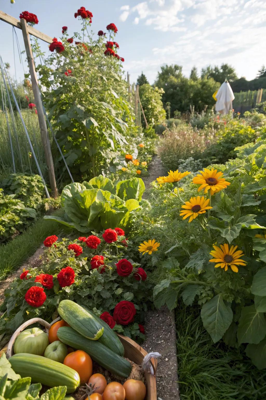 Mixed planting creates a colorful and productive garden.