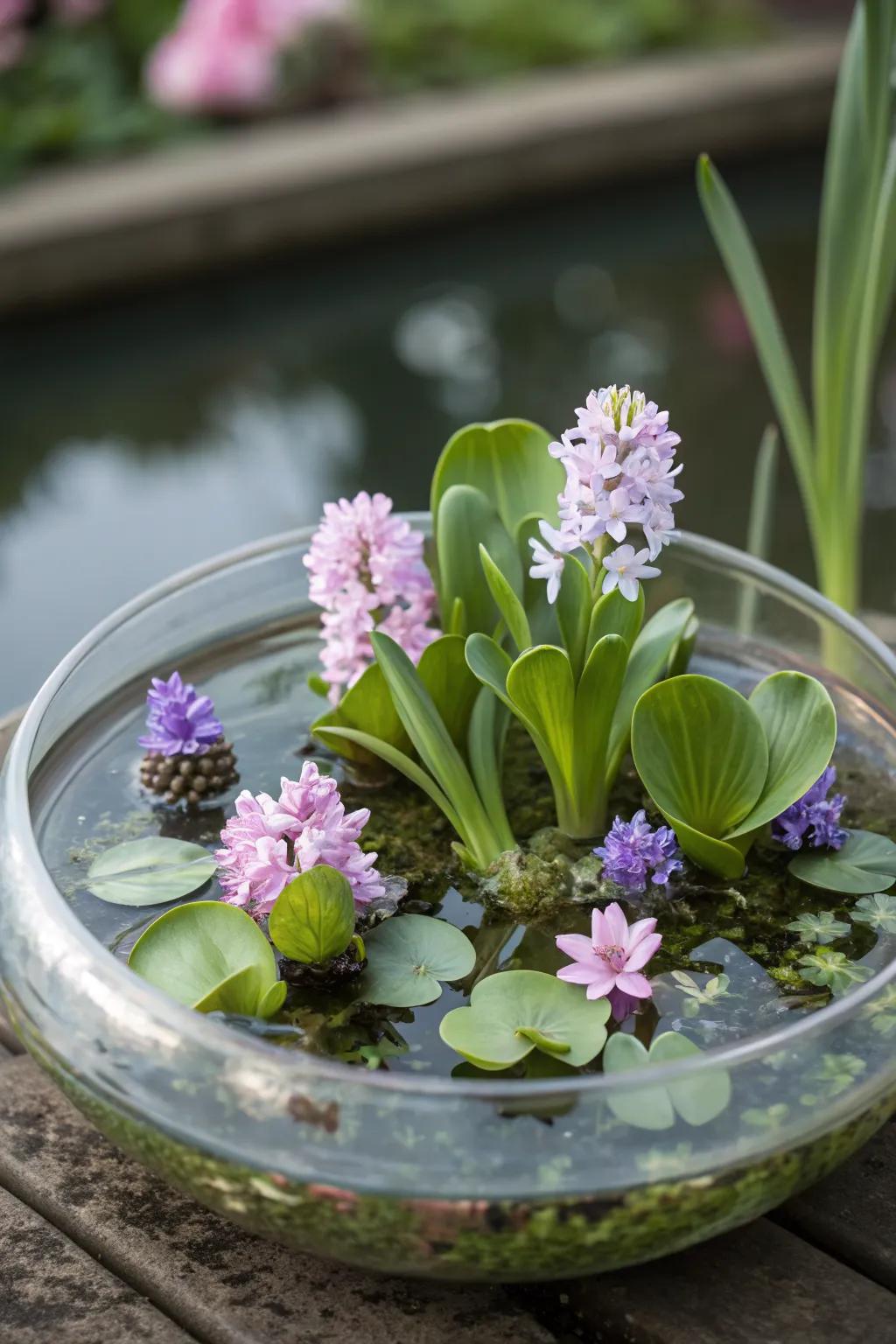 Floating plants create a lush and vibrant water display.