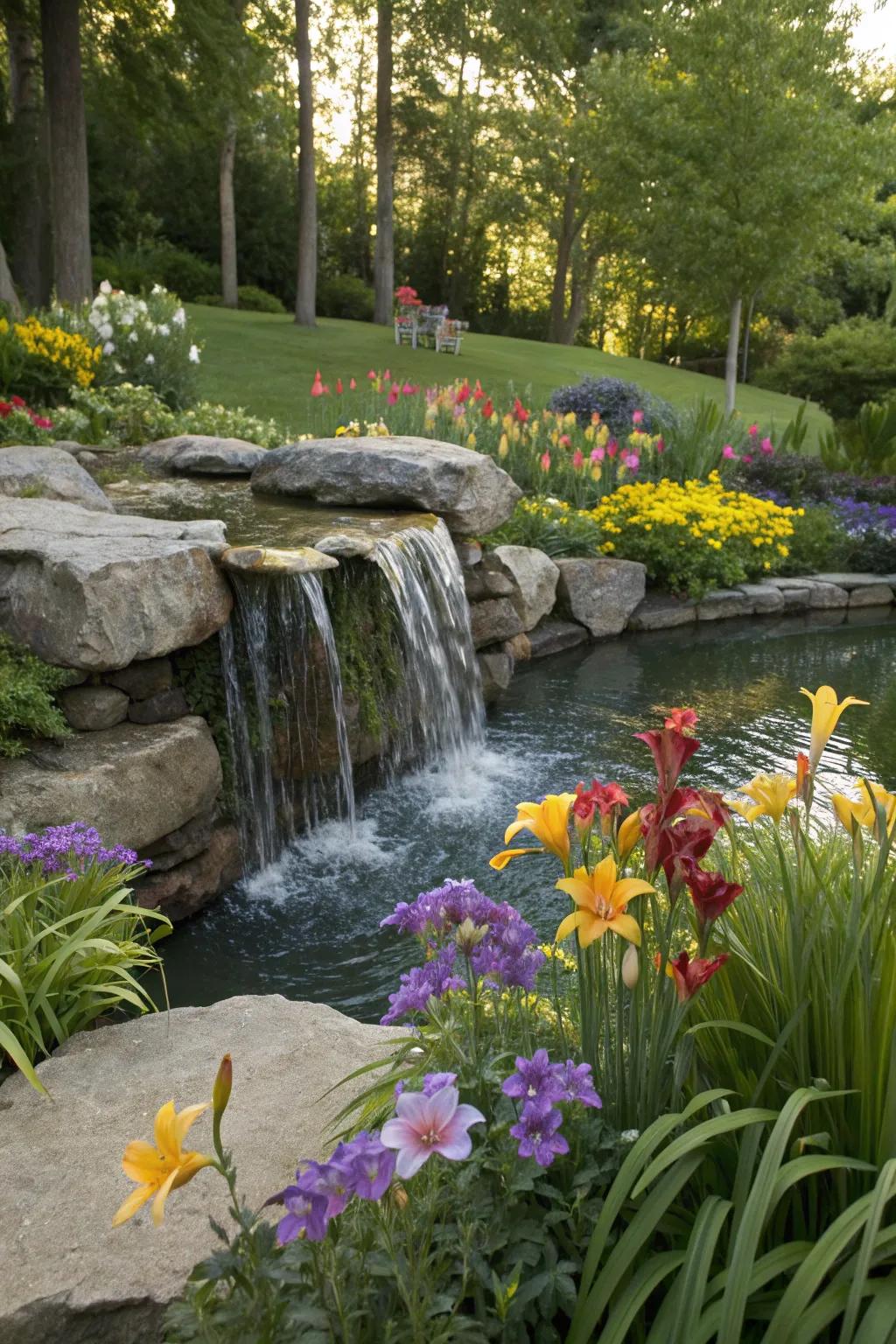 Add a splash of color with flowers around your waterfall.