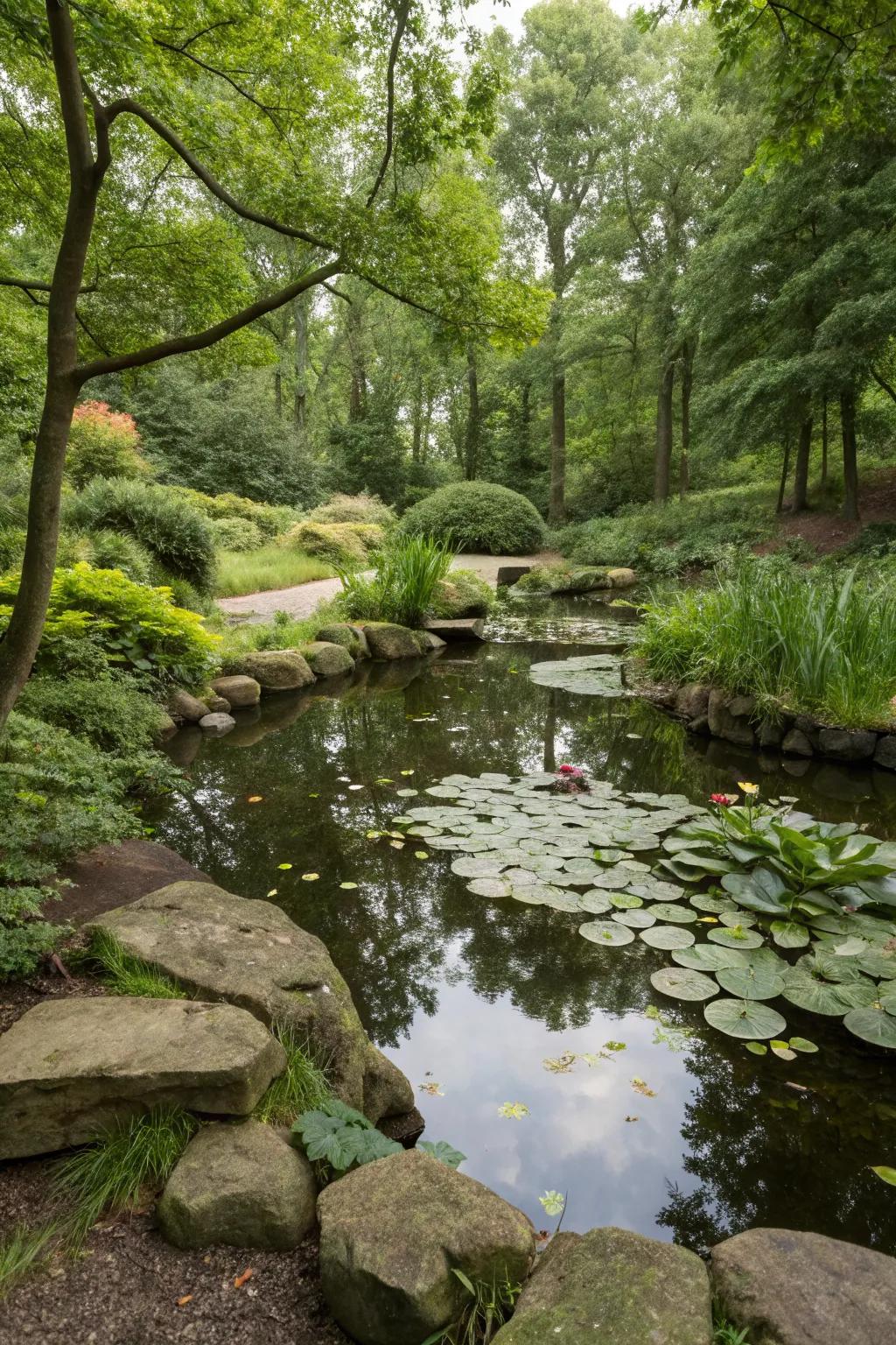 A tranquil pond adds a calming water feature to the woodland garden.