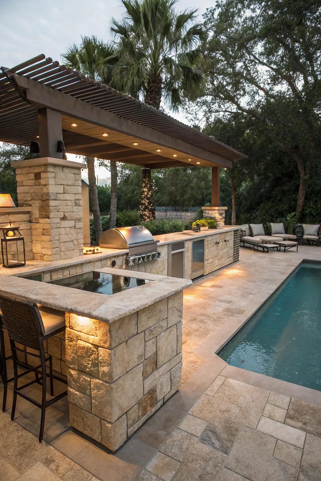 Natural stone adds elegance to this outdoor kitchen and pool.