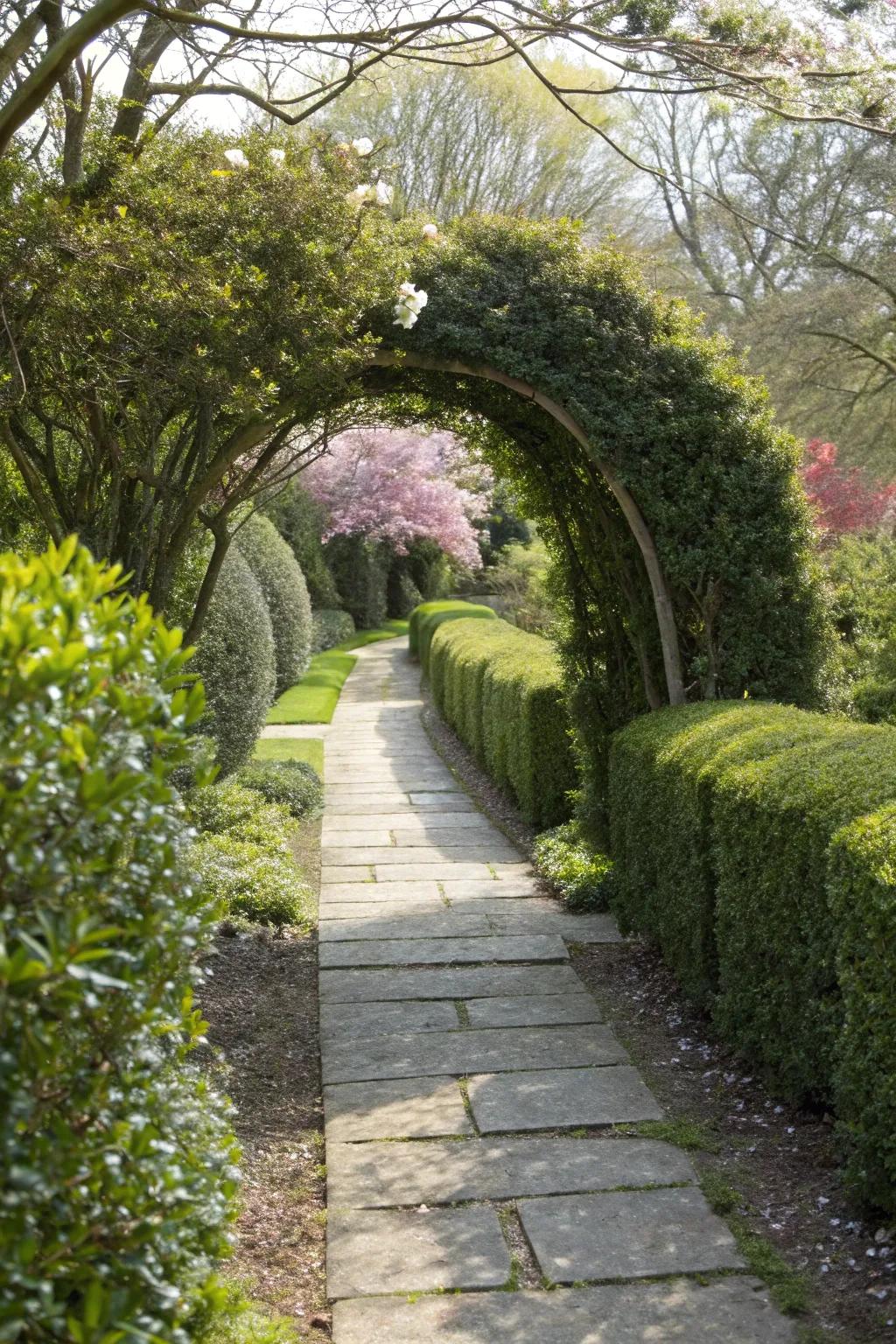 Soft Touch Holly borders create inviting pathways.