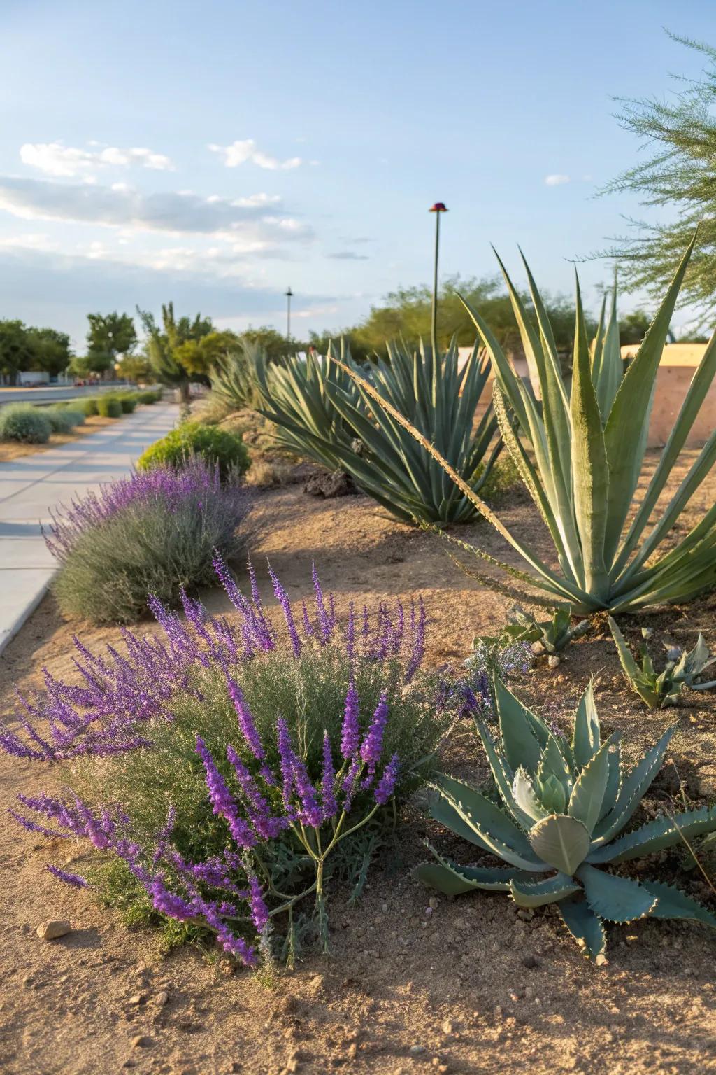 Agave and Mexican Bush Sage serve as stunning, drought-tolerant centerpieces.