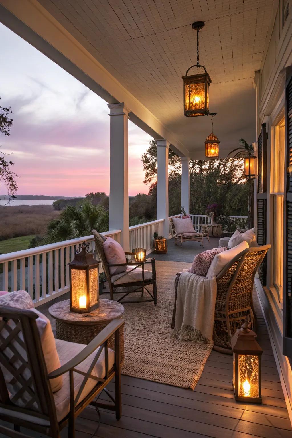 Lanterns cast a warm, inviting glow.