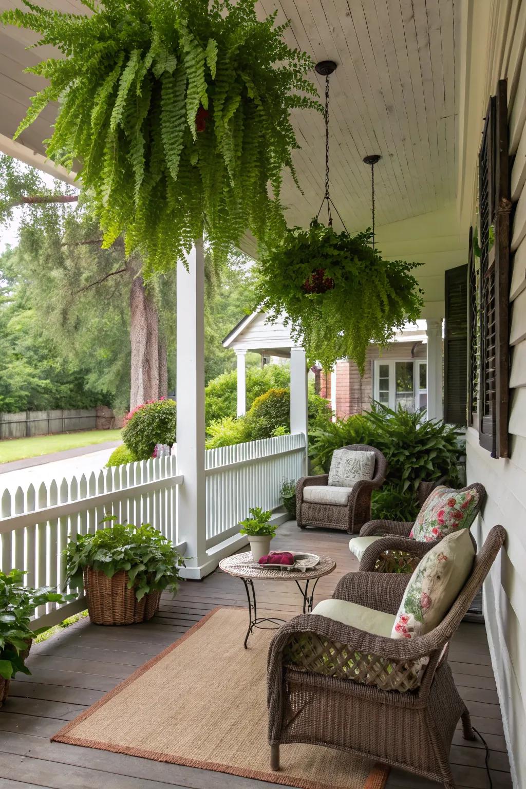 A cozy Southern porch with hanging plants and inviting seating.