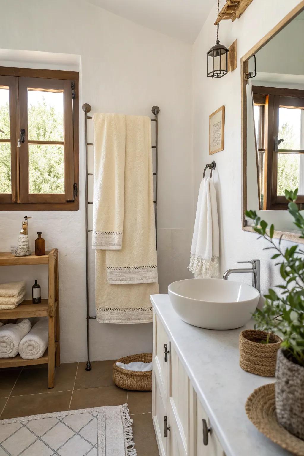 Neutral colors create a serene and inviting spa-like environment.
