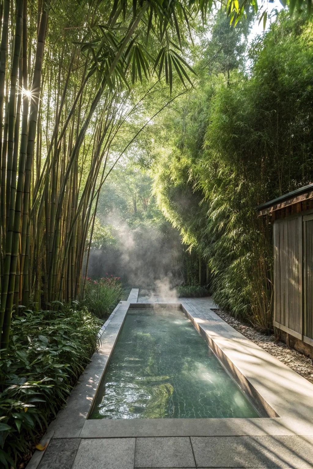 Lush greenery envelops the spa for a secluded feel.