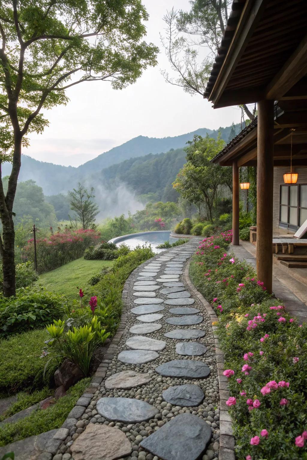 Stone pathways add elegance and guide guests to your spa.
