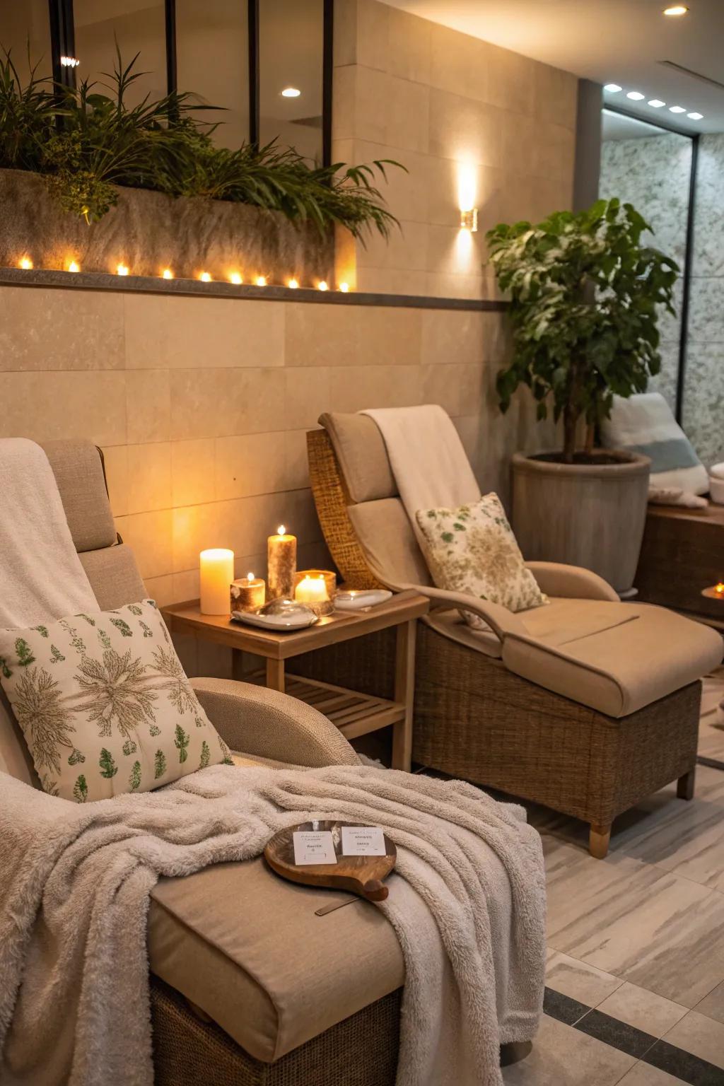 Relax in style with a dedicated seating area in your home spa.