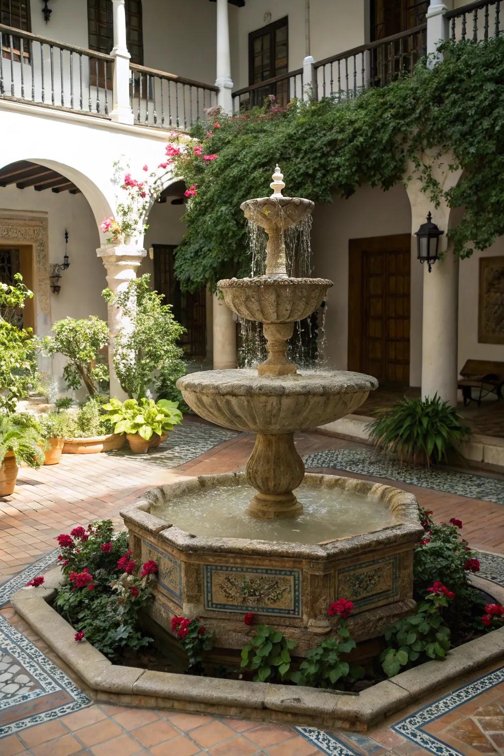 A fountain adds tranquility and elegance to any courtyard.